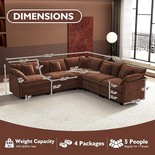 Ihanherry 114" V-Shaped Modern Sofa Modular Sectional Luxurious and Comfortable with Corner Section, 5-Seat Chenille Deep Seat Sofa with 5 Pillows for Living Room, Bedroom and Apartment, Brick Red