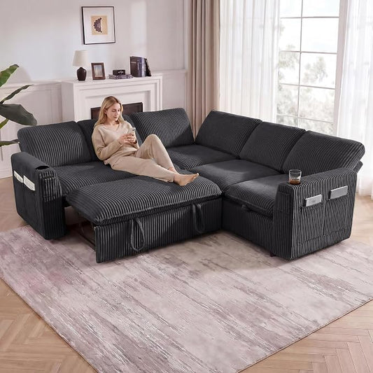 Sectional Sleeper Sofa with Pull Out Bed, Plush Corduroy 5 Seat Modular Sectional Sofa with Storage Chaise and Adjustable Backrest, Cloud Couches for Living Room, Apartment, Dark Grey