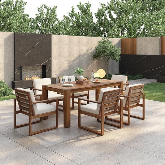 Patio Table and Chairs Set, Outdoor Dining Set for 6 with Umbrella Hole, 7 Piece Outdoor Patio Furniture Set Wood Frame with Removable Cushion for Garden, Backyard