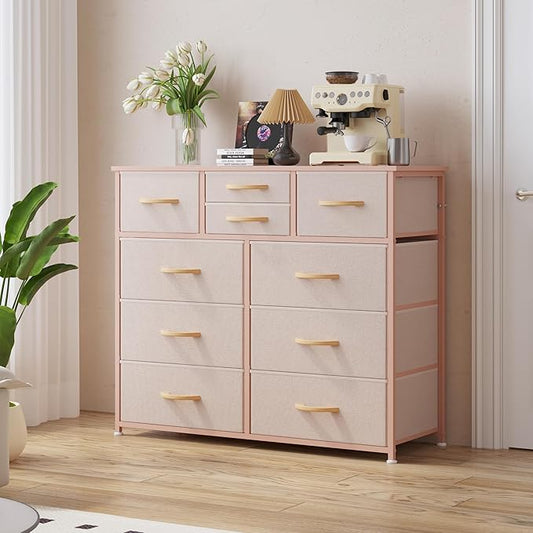 LUMTOK 10-Drawer Dresser, Fabric Storage Tower with Drawers for Bedroom, Dresser Drawer with Handle for Bedroom, Living Room, Hallway, Closets & Nurseryteel Frame, Wood Top (10 Drawer/Rose Gold)