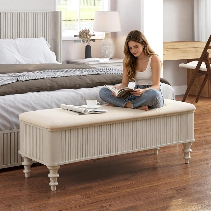 Storage Ottoman Bench 50.8" Rubberwood Linen Beige | Linen Seat, Storage Bench for Bedroom, Entryway Shoe Organizer for Bedroom, Living Room, Entryway, Closet, Beige