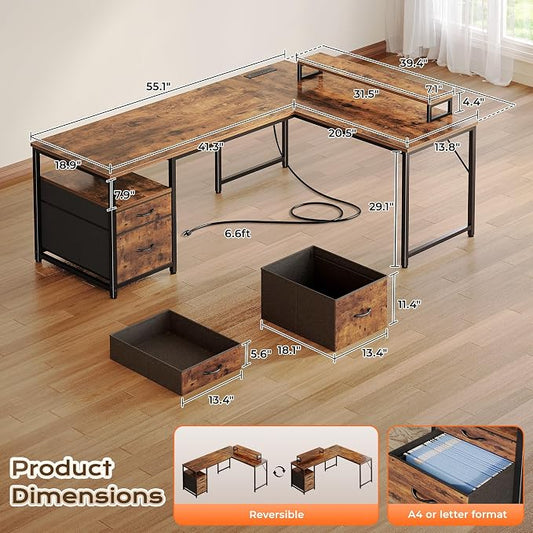 PRAISUN 55 Inch L Shaped Desk with Power Outlets and USB-C Port, Computer Corner Home Office Desk with File Fabric Drawers and Movable Monitor Stand, Larger Storage for Gaming, Study, Rustic Brown