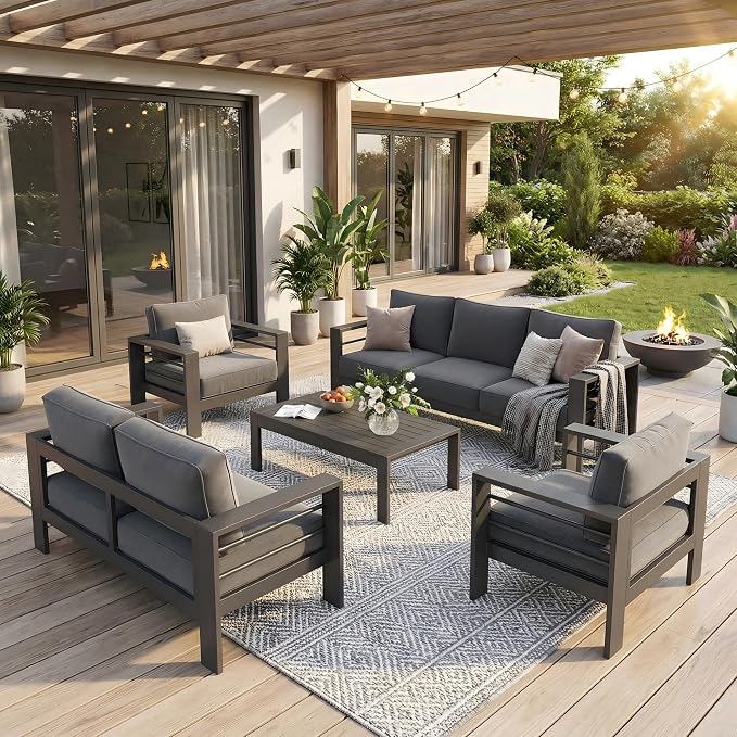 Solaste Aluminum Outdoor Patio Furniture Set, 7 Seats Patio Sectional Sofa with 5" Thick Cushion, Outdoor Patio Set with Coffee Table for Porch, Backyard, Deck, Yard, Grey