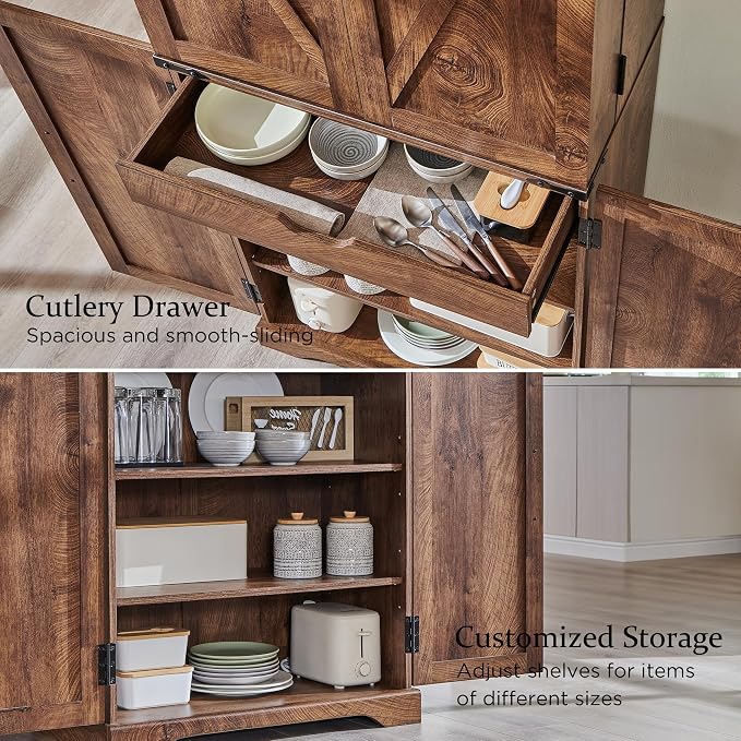 ACCOHOHO 72" Tall Kitchen Pantry, Farmhouse Storage Cabinet with Barn Doors, Organizer, Drawer and Adjustable Shelves, Rustic Wood Cupboard for Kitchen, Dining Room, Bathroom and Hallway, Walnut