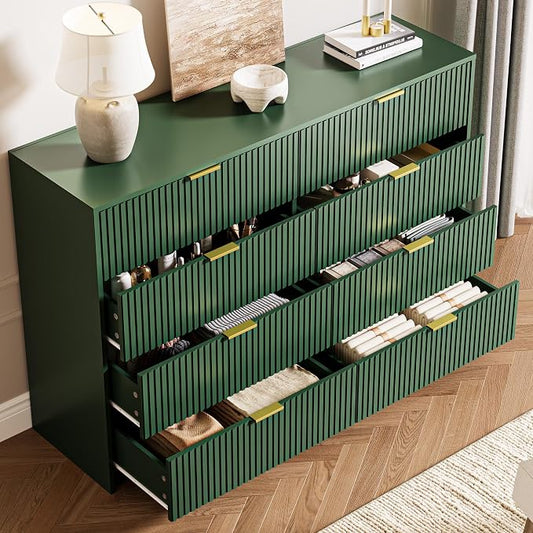 MAISONARIA 3-Piece Dresser Bedroom Set, 8 Drawer Dresser & 3 Drawer Nightstands with Gold Handles, Fluted Wood Chest of Drawers for Bedroom, Living Room, Entryway, Green
