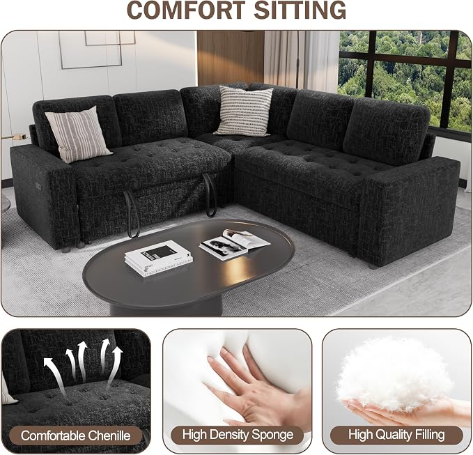 Sunny Heart Modular Sectional Sleeper Sofa with Pull Out Bed, Chenille L Shaped Sectional Sofa with USB Ports/Adjustable Backrest/Storage Seats, Tool-Free Assembly, Couches for Living Room Black