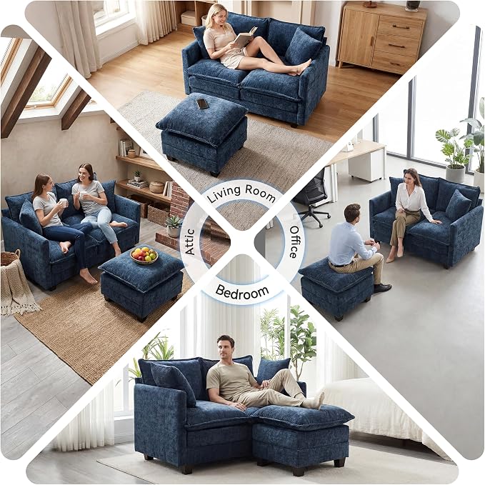 L-Shape Loveseat Sofa Couch with Ottoman, Small 50" Love Seat 27" Deep Cloud Sofa Washable Chenille Pillow for Apartment Bedroom Dorm Attic Studio Office Living Room Small Space 8833-BLUE-L