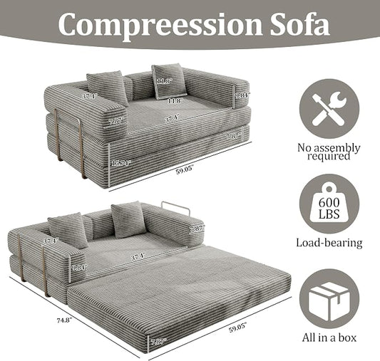 BSHOMGI 4 in 1 Convertible Sofas Boneless Couches with 2 Pillow, Modern Corduroy Futon Bed, Modular Queen Sofa with Pull-Out Bed, LoveSeat for Living Room, Small Space Apartment 59" 2 Seat