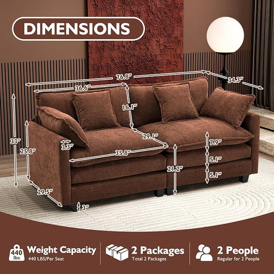 Ihanherry Cloud Sofa 77 Inch Loveseat, Modern Sectional Couch, 2-Seats Sofa for Living Room Bedroom and Apartment, Comfy Double Layer Upholstered Seat Cushion, Breathable Chenille Fabric, Brick Red