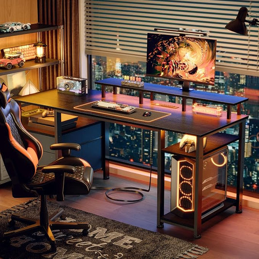 Furologee 61" Gaming Desk with Power Outlets & LED Lights, Reversible Computer Desk with File Cabinet & Monitor Stand for Home Office, Large Work Table with Storage Shelves & Drawer, Black