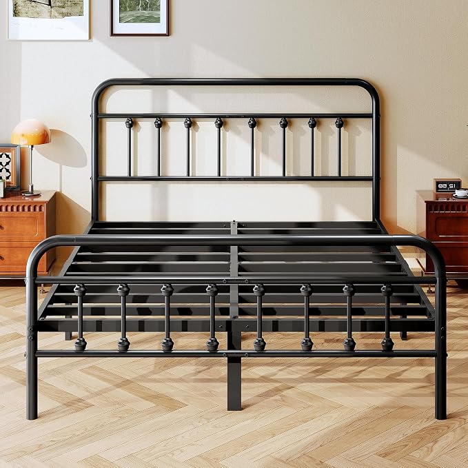 zunatu Full Size Metal Platform Bed Frame/Victorian Style Headboard and Footboard/Steel Slat Support/Easy Assembly/No Box Spring Needed/Underbed Storage/Noise Free/Black