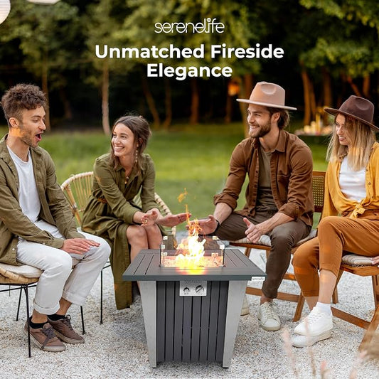 SereneLife Propane Fire Pit Table 50,000 BTU with Sturdy Metal Frame, Stainless Steel Fire Pan, Decorative Glass Rocks, Weather Cover, CSA Certified for Patio, Backyard, or Garden Use