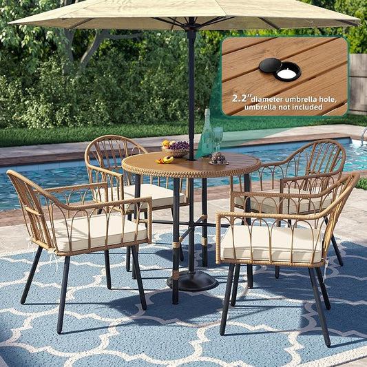 YITAHOME Patio Dining Set with Umbrella Hole for 4, Wicker Outdoor Dining Set 5pcs, Rattan Patio Dining Furniture Sets, Outdoor Table and Chairs Set for Patio Backyard Balcony Garden