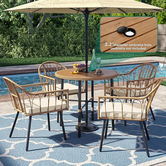 YITAHOME Patio Dining Set with Umbrella Hole for 4, Wicker 5pcs Outdoor Dining Set, Rattan Patio Dining Furniture Sets, Outdoor Table and Chairs Set for Patio Backyard Balcony Garden