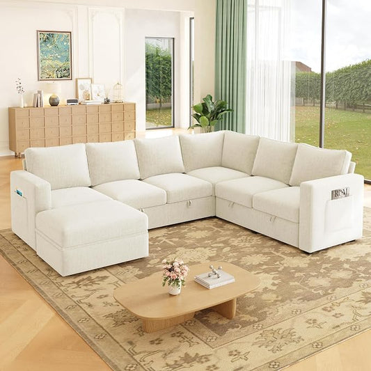 106.7" U-Shaped Modular Sectional Sofa with Pull-Out Bed & Storage, Modern 7-Seat Convertible Couch, Comfy L-Shape Sectional for Living Room, Apartment, Beige