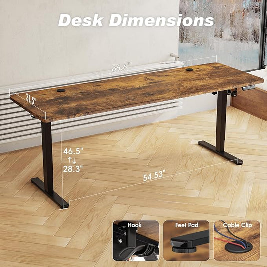Monomi 86.6" Electric Standing Desk for Home Office - Large Adjustable Height Desk with 178 lbs Weight Capacity, 3 Memory Presets, Quiet Motor, Anti-Collision (Rustic Brown)