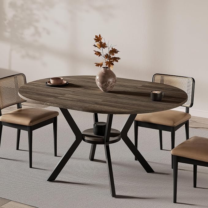 42"-58" Extendable Round Dining Table for 4-6, Kitchen Oval Table with Hidden Leaves & Storage Shelf, Space Saving Modern Design with Sturdy Metal Legs for Kitchen, Dining Room & Small Apartments