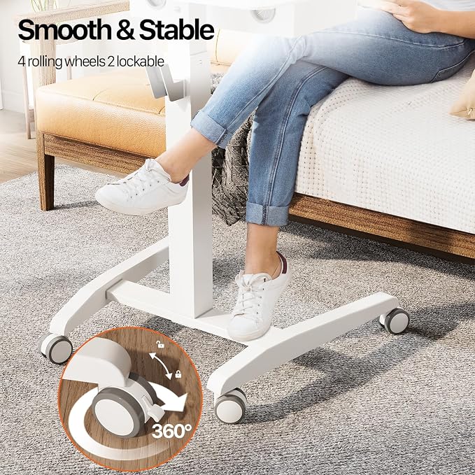 JOY worker Mobile Standing Desk with Storage Drawer, Pneumatic Height Adjustable Mobile Laptop Desk Workstation, White Rolling Cart with Wheels for Home Office Classroom