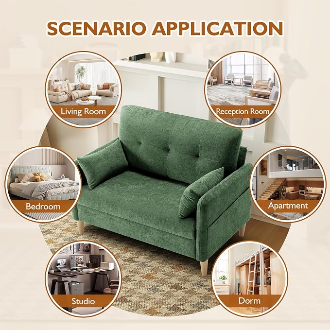 Urhanherry 47" Small Sofa Couch for Bedroom, Soft Chenille loveseat Mini Couch with Throw Pillow and Removable Cushion Cover for Small Spaces, Living Room, Apartment, Dorm, Office(Green)
