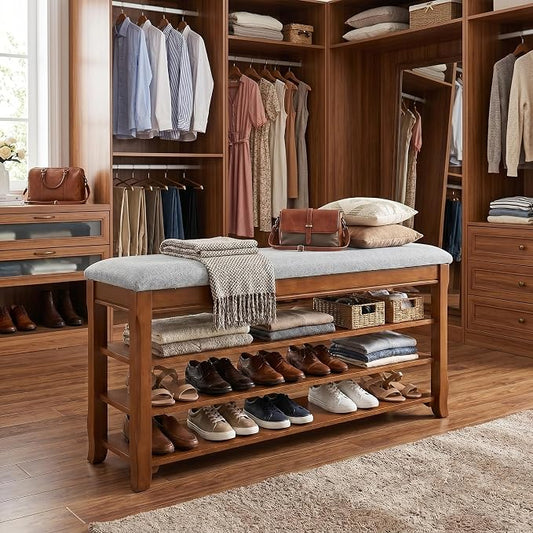 SolidWood Entryway Shoe Storage Bench, Flip-Top Soft-Close Lid, Adjustable Shelves, Cushioned Entryway Shoe Rack Organizer,Hallway, Closet, Foyer 39.4''