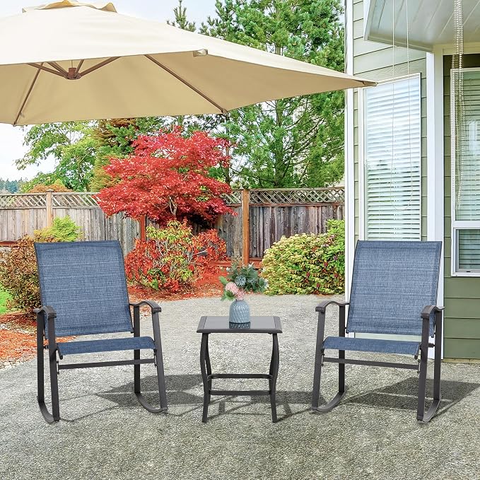 Vongrasig 3 Piece Outdoor Rocking Bistro Set, Textilene Fabric Small Patio Furniture Set, Front Porch Rocker Chairs Conversation Set with Glass Table for Lawn, Garden, Balcony, Poolside (Denim Blue)