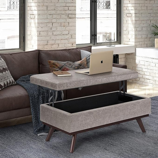 SIMPLIHOME Owen Lift Top Coffee Table Storage Ottoman - 42 inch Wide Upholstered Vegan Leather Rectangular Lift-Top Ottoman in Distressed Grey Taupe, Mid-Century Modern Ottoman for Living Room