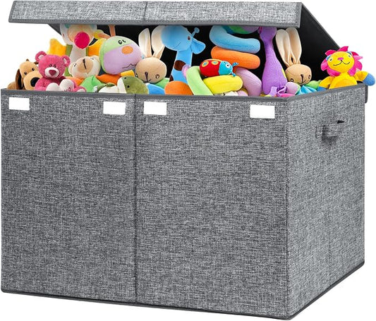 122L Large Toy Chest Box with Lid, Foldable Toy Storage Organizer Bin Boxes with Removable Divider for Kids, Boys, Girls, Nursery, Playroom, 26"x17" x17"(Linen Gray)