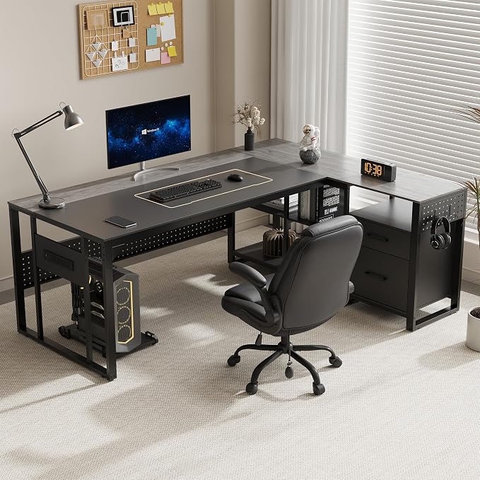MALOL 70.3" L-Shaped Office Desk, Reversible L-Shaped Computer Desk with Power Outlet, Large Executive Desk with Locked File Drawers & Storage Shelves, Pegboard, Mobile CPU Stand, Modern Corner Desk