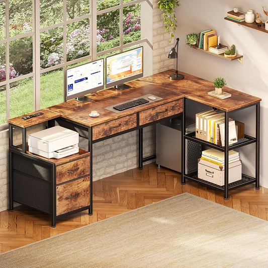 Korfile 57 Inch L Shaped Computer Desk with Power Outlets, Reversible Home Office Desk with 4 Fabric Drawers & 2 Adjustable Mesh Shelves, Corner Study Work Desk with Larger Storage, Rustic Brown