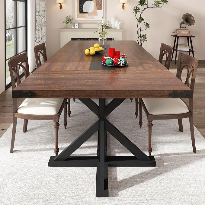 Hlivelood Dining Table for 6 8 People,Rectangular Kitchen Farmhouse Table W/Waterproof Wood Tabletop,Long Dining Room Tables W/Wood Strip Base for Kitchen Living Room(78IN BR&BK)