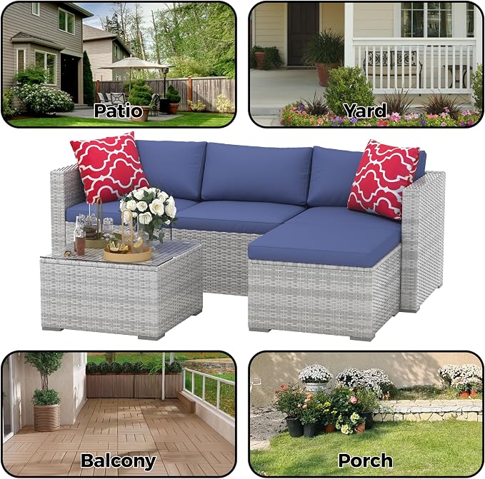 5 Piece Outdoor Patio Furniture Set, Rattan Deck Conversation Sofa Set with Non-Slip Cushions, All-Weather Sectional Sofa with Glass Storage Table and Balcony Footstool, Poolside, Garden, Gray+Blue