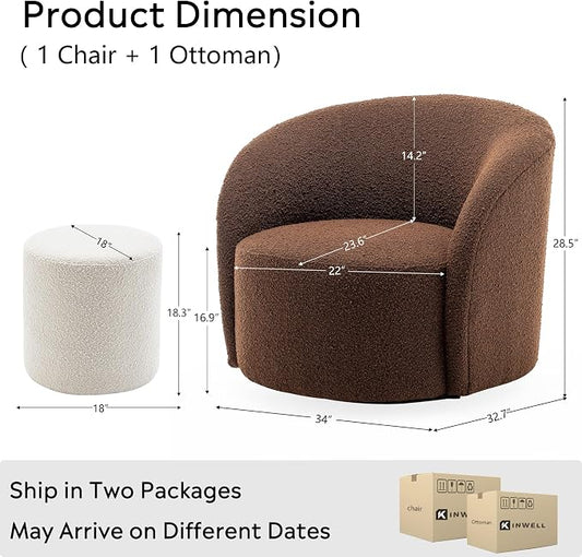 KINWELL 34" Boucle Swivel Barrel Chair with 18" Round Ottoman Set, Fully Assembled Set of Sherpa Accent Chair and Footrest, Modern Comfy Armchair and Footstool for Living Room and Bedroom, Brown