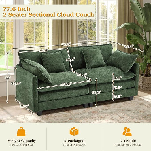 77.6" Modular Sectional Sofa,Loveseat Couch for Living Room, Modern Deep Seat Sofa 2 Seater Chenille Fabric Comfy Cloud Couches with Throw Pillows for Apartment,Small Spaces