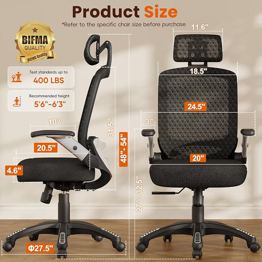 GABRYLLY Ergonomic Office Chair, High Back Home Desk Chair with Flip-Up Arms, 3D Headrest, Thick Sponge Seat &90-120° Recline, Big and Tall Mesh Executive Chairs for Man Woman, Midnight-Cloud