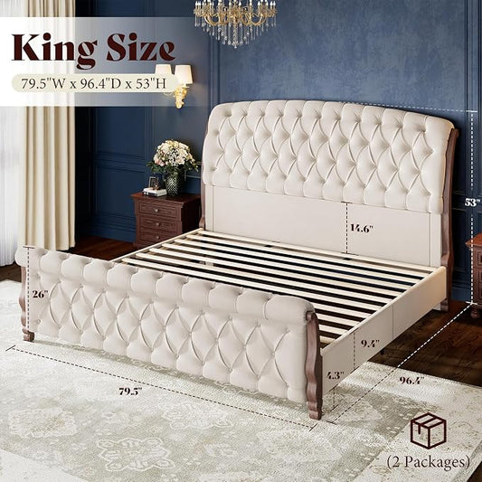 AMERLIFE Upholstered King Bed Frame, 53" Tall Sleigh Bed with Button Tufted Chenille Headboard and Footboard, Platform Bed with Carved Solid Wood Legs, No Box Spring Needed, Cream