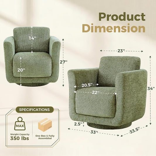 Swivel Accent Chair, 360° Barrel Chair with Solid Wood Frame & Removable Ergonomic Support Back Cushion, Fully Assembled Chenille Armchair for Living Room & Bedroom, Forest Green