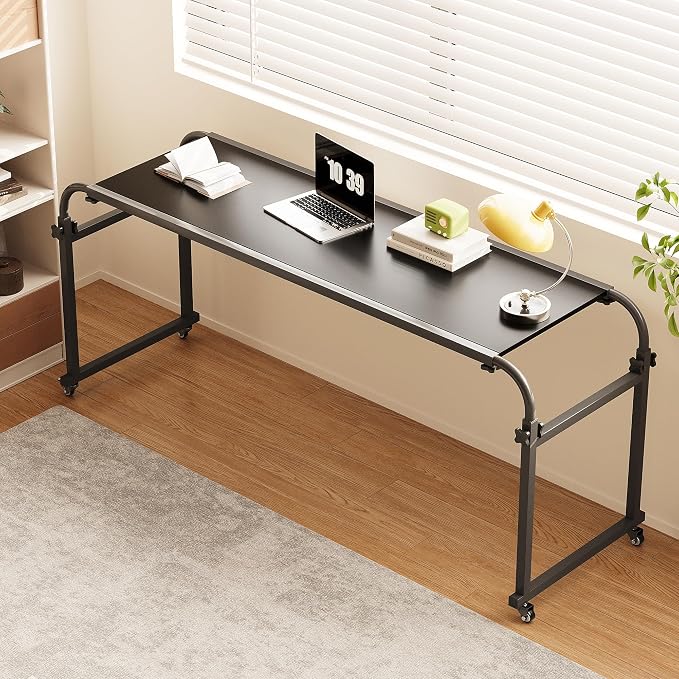 TigerDad Heavy Duty Overbed Table with Wheels, 55"-83" Adjustable Cross Bed Desk for King Queen Size, Mobile Rolling Laptop Cart for Home Office & Hospital Bed