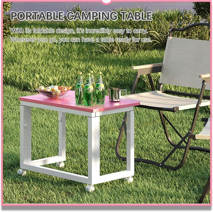 4NM No Tool Assembly 23.6" Small Desk, Folding Portable Desk with Wheels, Adjustable Height Foldable Computer Home Office Desks, Collapsible Study Writing Table for Space Saving Bedroom - Pink White