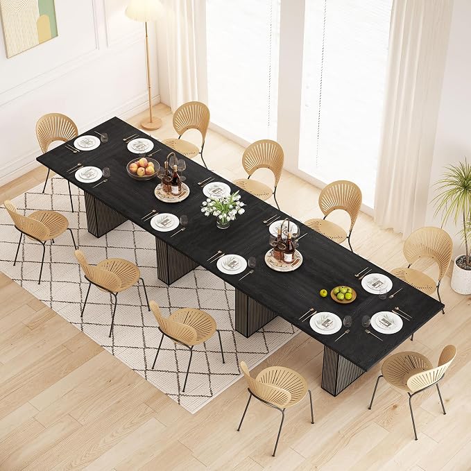78 Inch Dining Table for 6 8 10, Modern Farmhouse Rectangular Kitchen Table, Dining Room Long Tables with Wood Strip Base for Kitchen Living Room (Black)