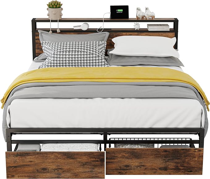 LIKIMIO Queen Bed Frame with Storage Headboard, Platform Bed with Drawers and Charging Station, No Box Spring Needed, Easy Assembly, Vintage Brown