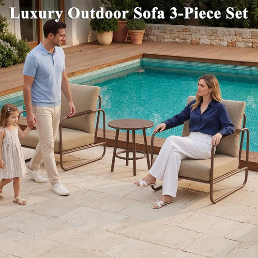 3 Pieces Aluminum Outdoor Patio Conversation Set, 6" Cushions & Coffee Table, All-Weather Rust-Resistant Frame for Porch Garden Backyard, Brown