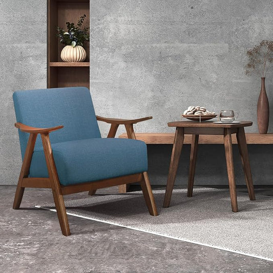 Lexicon Mid Century Modern Accent Chair with Solid Wood Frame in Walnut Finish, Upholstered Living Room Lounge Arm Chair, Thick and Comfy Innerspring Seat Cushion, Linen-Look Fabric, Blue