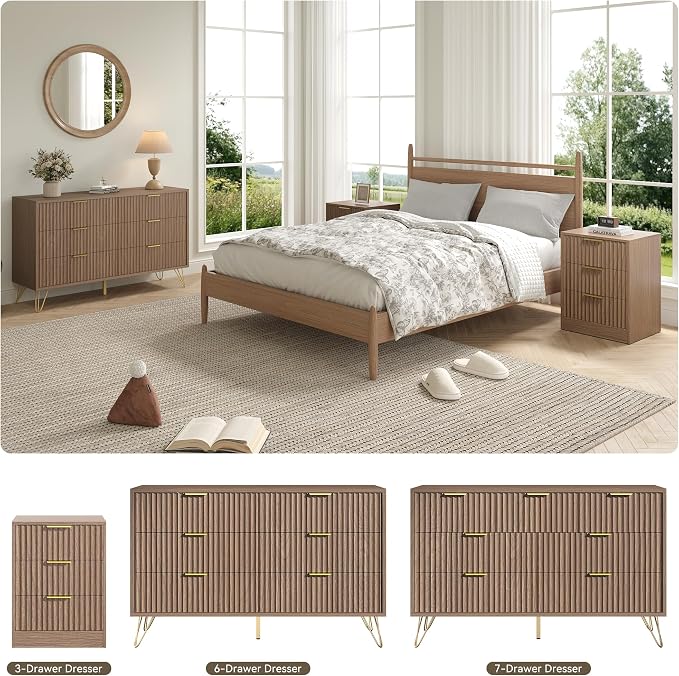 Fluted 6 Drawers Dresser for Bedroom, Wood Dressers with Scratch-Proof Golden Handles, Natural Curved Profile, Modern Double Chest for Living Room, Hallway, Entryway, Natural Oak