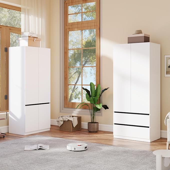 Armoire Wardrobe Closet with Drawers:75" Large White Wardrobe Closet Cabinet with 4 Doors for Hanging Clothes, Modern Wooden Bedroom Armoires with 2 Drawers and Storage (A+C, 63")