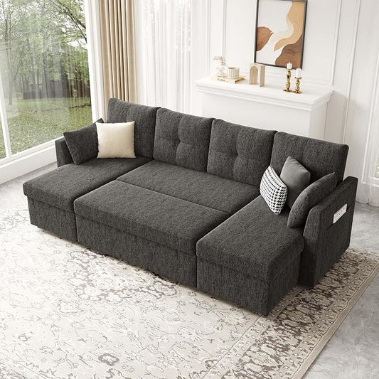Huatean Home Oversized Sleeper Sofa Couch, 110 inch 2 in 1 Pullout Couch Bed with Side Pockets for Living Room, Sectional Sleeper Sofa Bed with Double Storage Chaise, Black