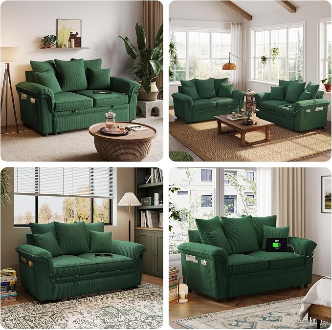 LINSY HOME Sectional Loveseat Sofa with Pull Out Chaise (Green, 62.5'') | USB Charging