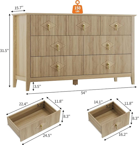 GarveeHome Fluted Dresser for Bedroom, 54 Inch Wide 7-Drawer Wood Dresser, Modern Chest of Drawers, Storage Organizer Cabinet for Living Room, Hallway, Entryway, Natural