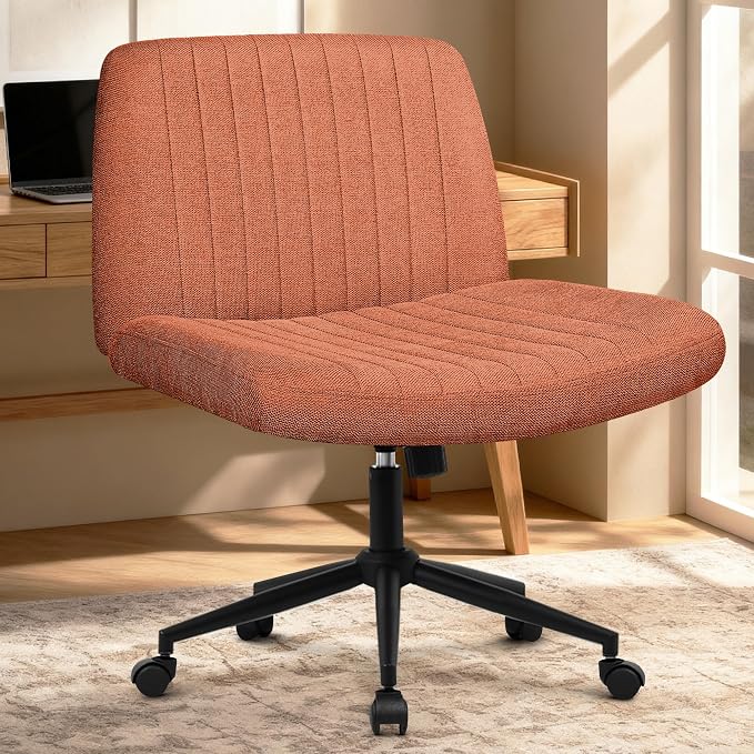 Orange Factory Criss Cross Chair Wheels Wide Cross Legged Office Desk Vanity Dual Base Comfy Fabric Armless Adjustable Swivel for Home Computer Task (Brown Dual Base, Fabric)