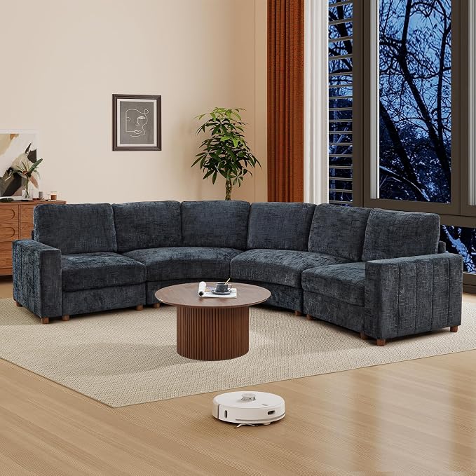 ORRD Curved Sectional Sofa, Convertible L Shaped Couch with Deep Seat, Boucle Modular Sectional Sofa with Pillows, Curved Chenille Comfy Corner 4 Seat Couch for Living Room, Black Blue