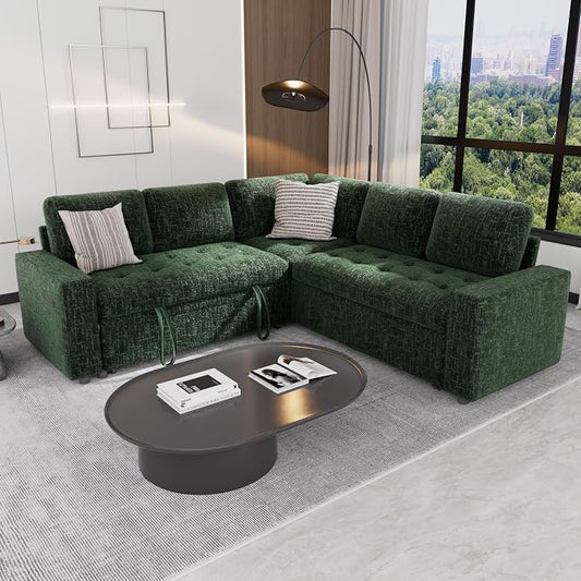 Sunny Heart Modular Sectional Sleeper Sofa with Pull Out Bed, Chenille L Shaped Sectional Sofa with USB Ports/Adjustable Backrest/Storage Seats, Tool-Free Assembly, Couches for Living Room Green